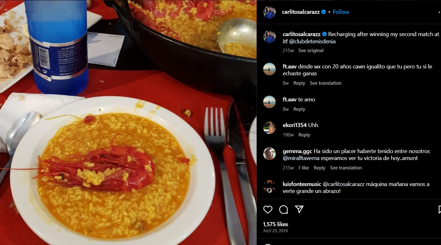 Carlos Alcaraz posting about his meal on instagram